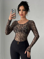 Leopard Print Sheer Long Sleeve Top