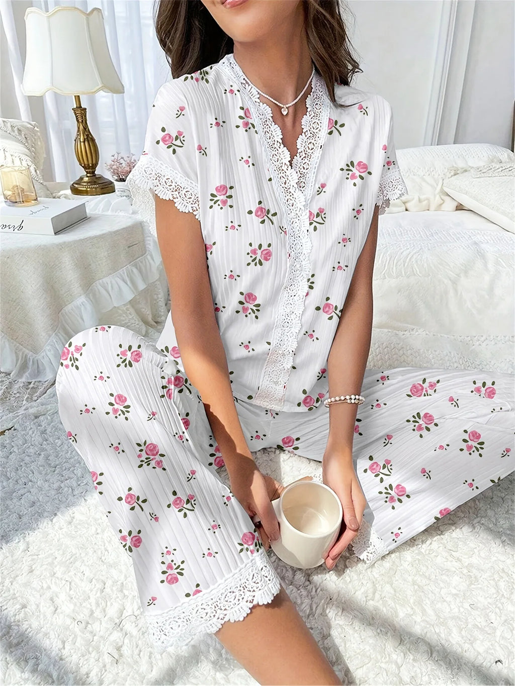 Casual V-Neck Print Pajama Set