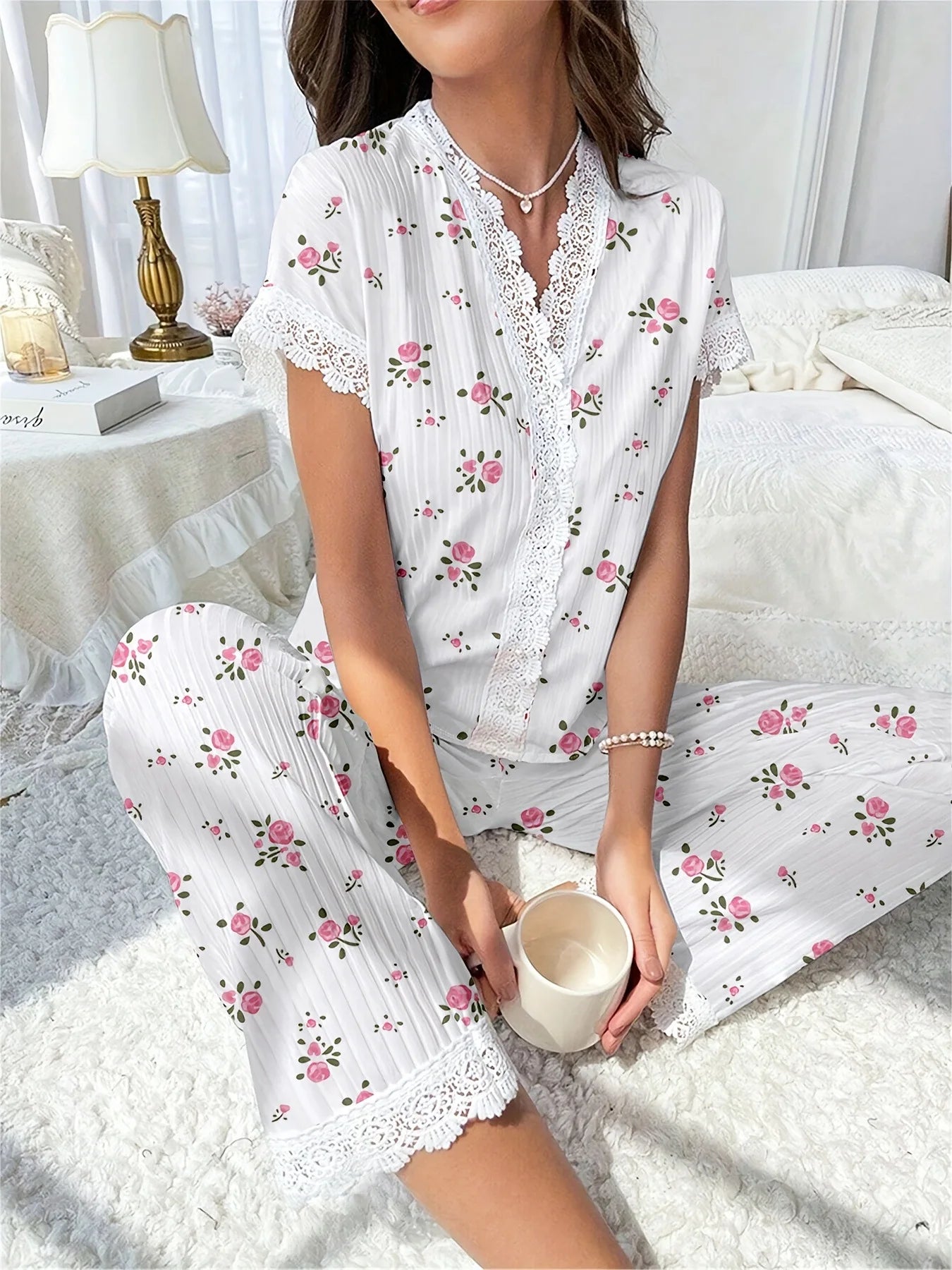 Casual V-Neck Print Pajama Set