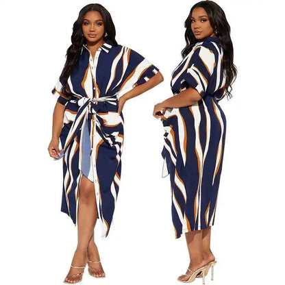 Plus Size Women's Striped Lapel Dress