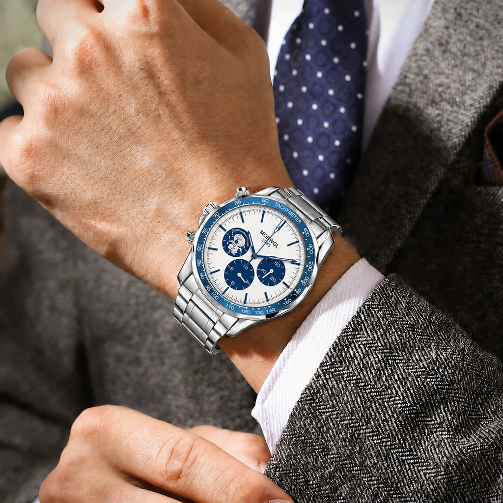 MOBWOL Blue Bezel Steel Watch