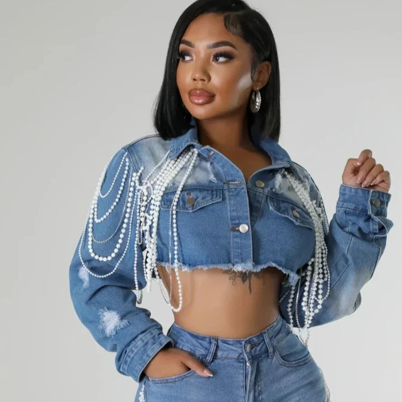 Pearls Tassel Denim Jacket & Pant