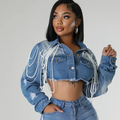 Pearls Tassel Denim Jacket & Pant