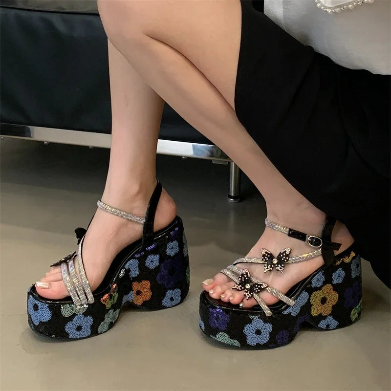 Women Sequin Butterfly Wedge Sandals
