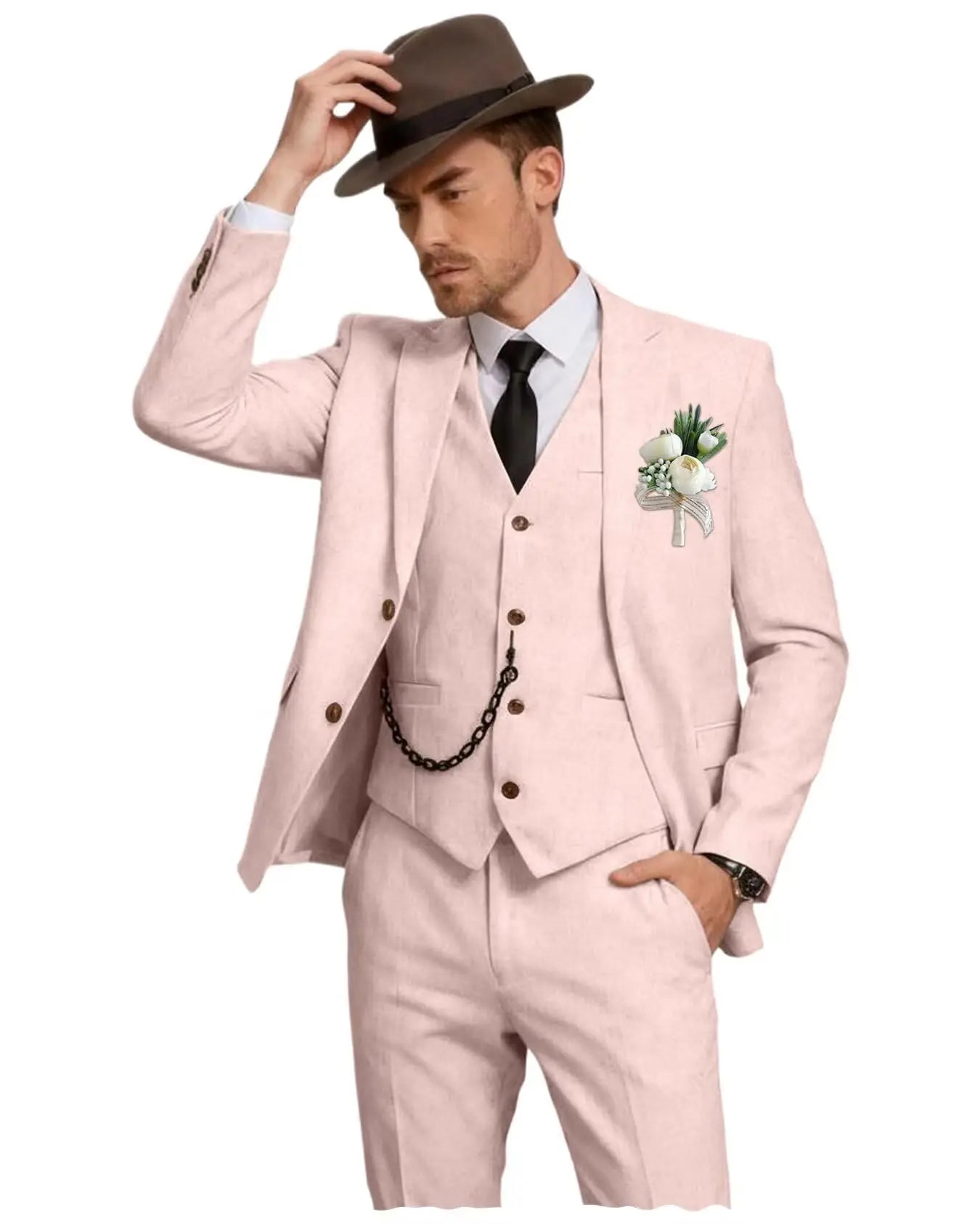 Three-Piece Linen Notch-Lapel Suit