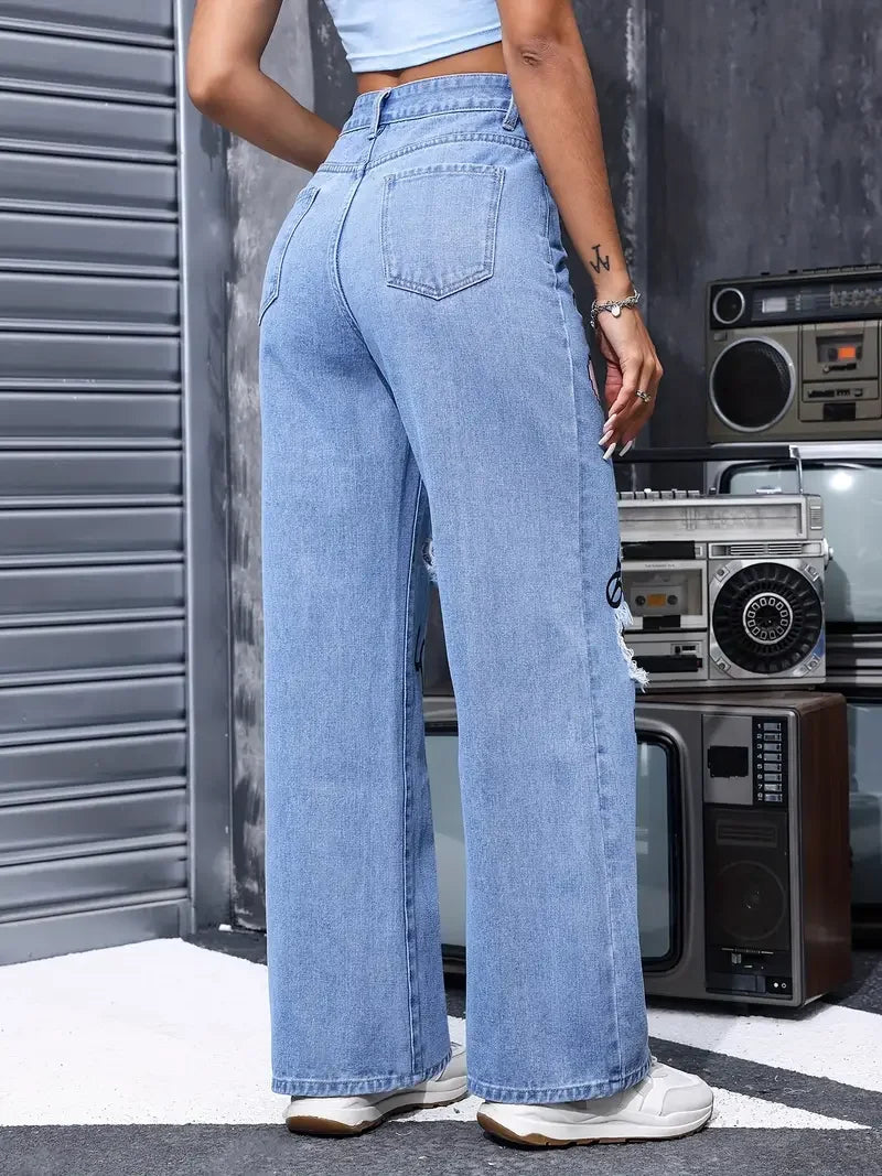 High Waist Ripped Straight Jeans