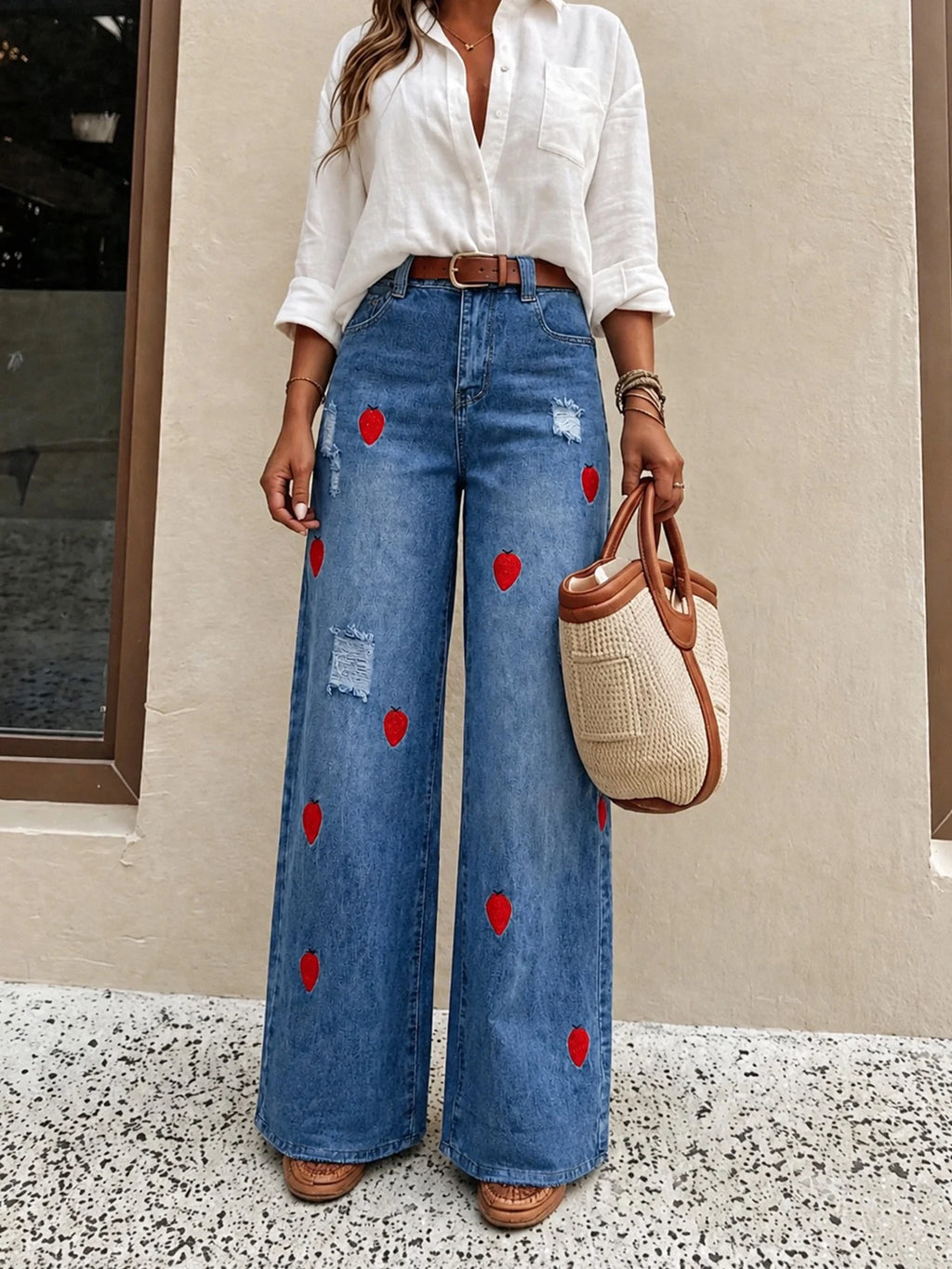 Strawberry Embroidered Wide-Leg Jeans