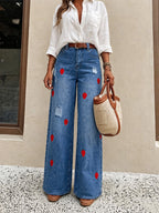 Strawberry Embroidered Wide-Leg Jeans