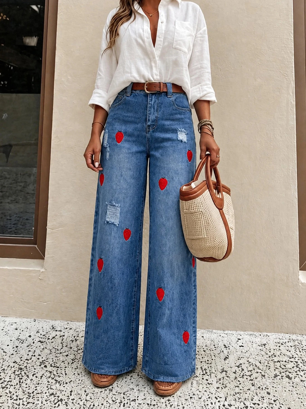 Strawberry Embroidered Wide-Leg Jeans
