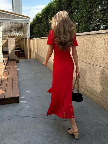 V-Neck Knitted Button Long Dress