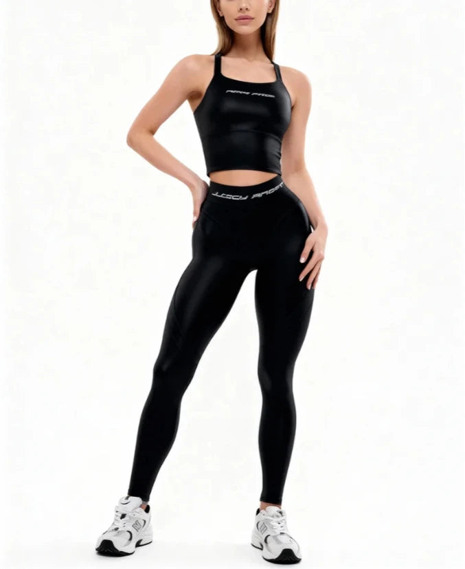 Laminated Solid Pullover Slim Fit Two-Piece Yoga Set