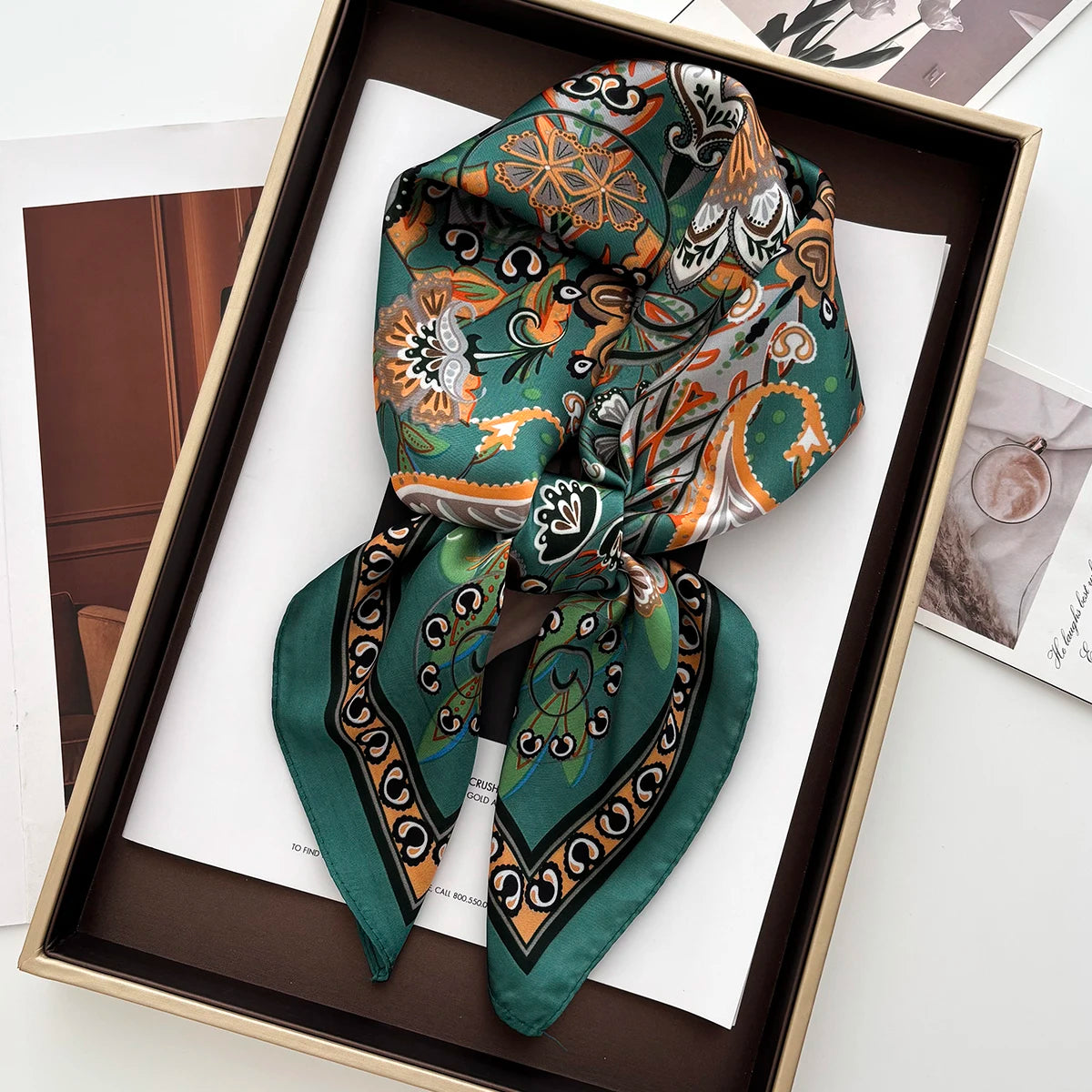 Lotus Print Satin Square Scarf
