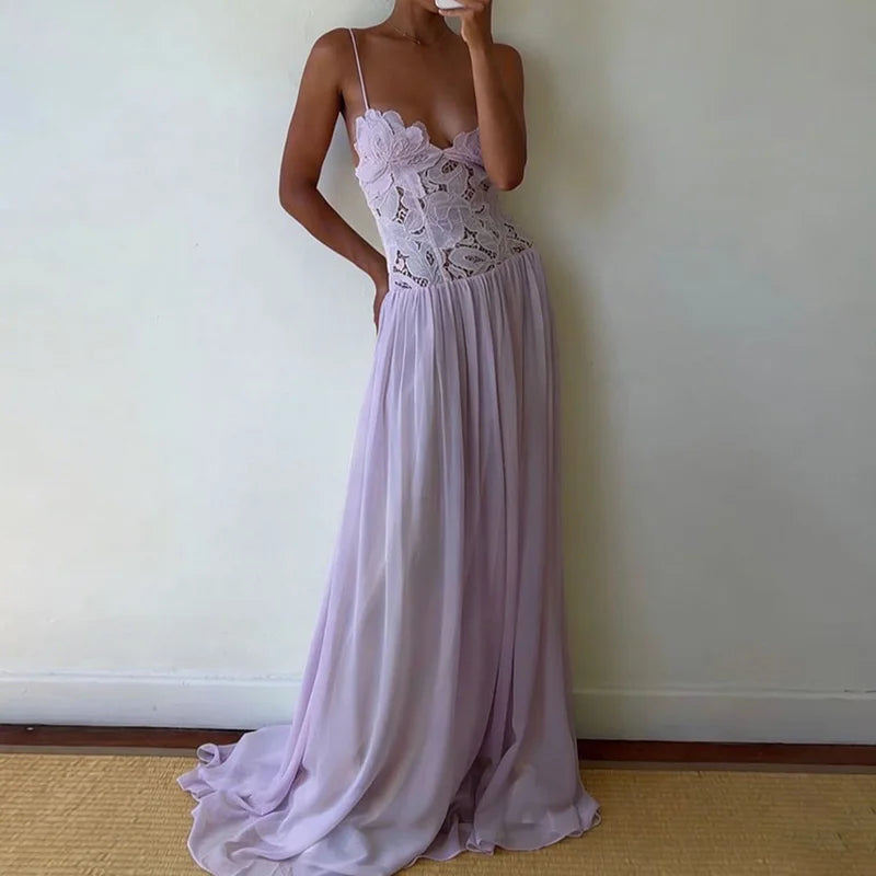 Hollow-Out Lace Patchwork Maxi Dress