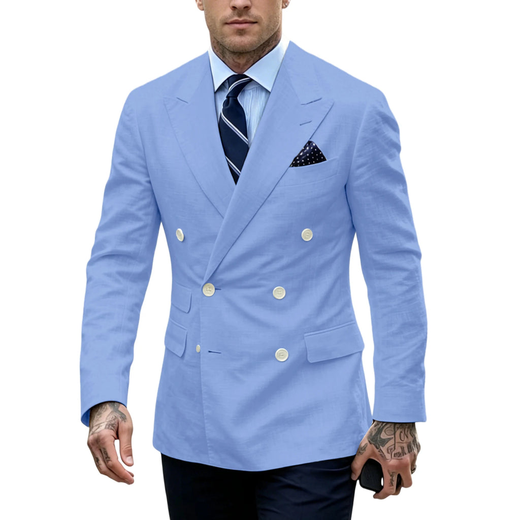 Linen Double-Breasted Slim Tuxedo Blazer