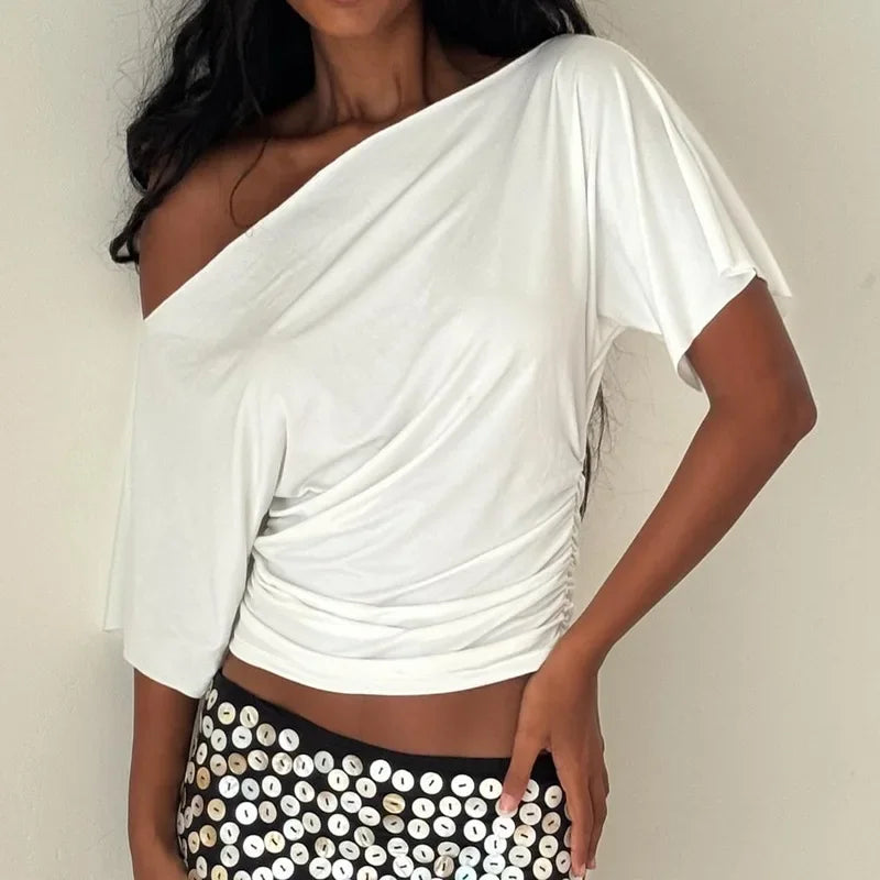Polyester Solid Asymmetric Collar True-To-Size Fit Top