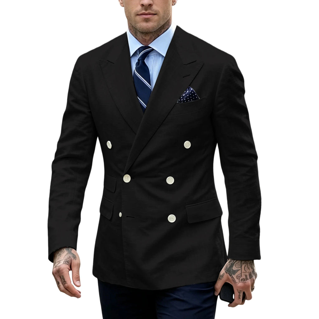 Linen Double-Breasted Slim Tuxedo Blazer