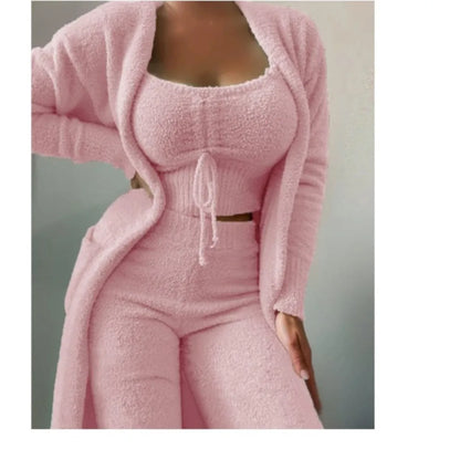 Women’s Plush Lace-Up Cardigan 3-Piece Trouser Set