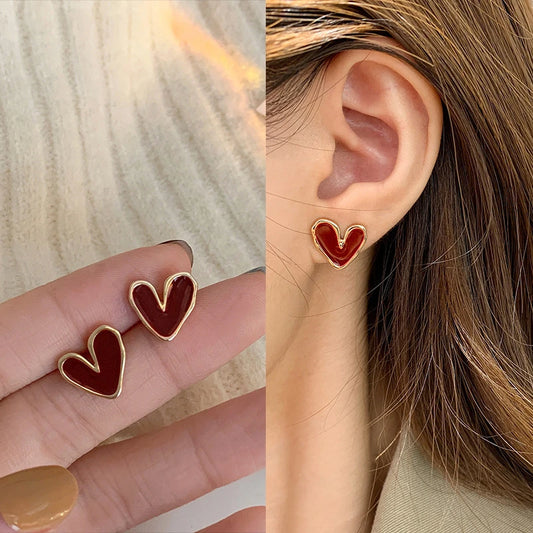 Wine Red Heart Stud Earrings
