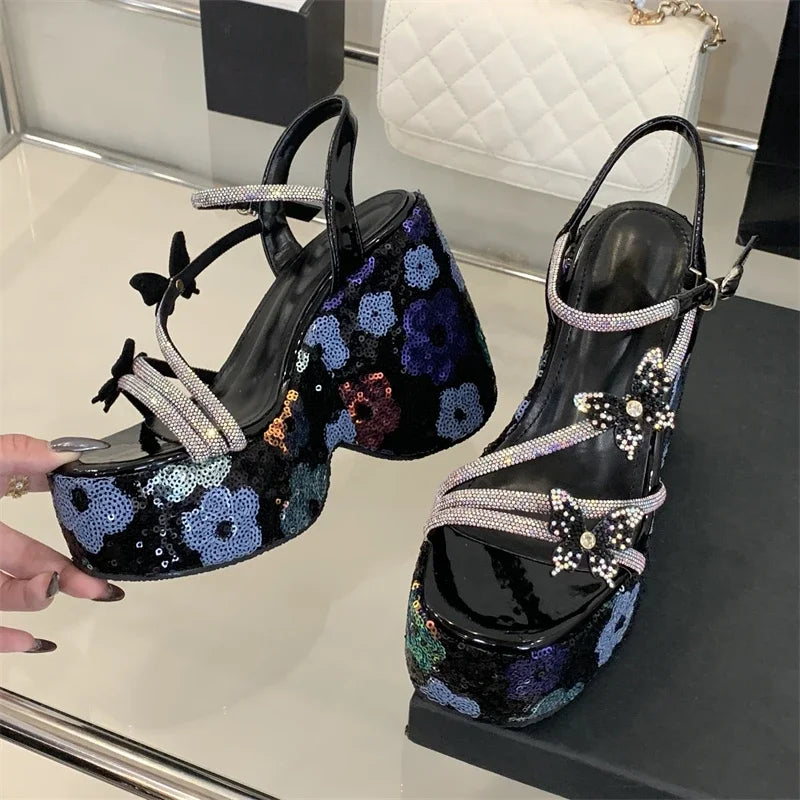 Women Sequin Butterfly Wedge Sandals