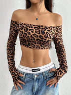 Synthetic Leopard Print Long Sleeve Crop Top