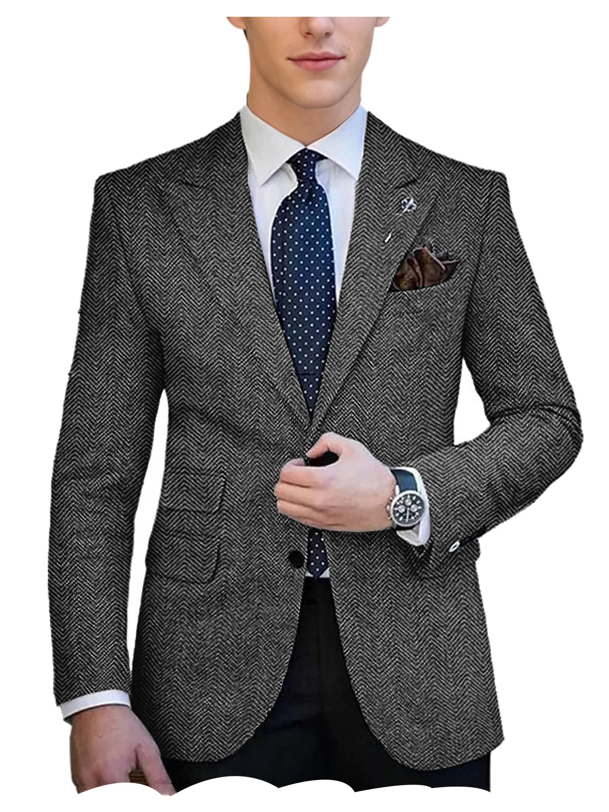 Herringbone Tweed Single-Breasted Blazer