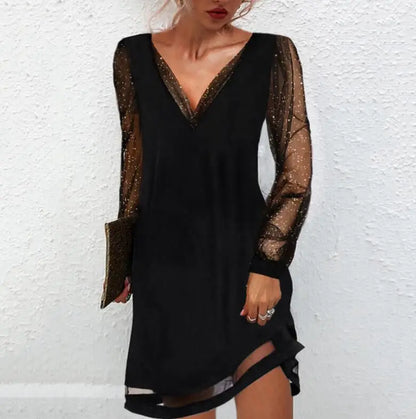 Sequin Deep V-Neck Mesh Midi Dress