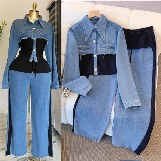 Denim Splice Pant Set