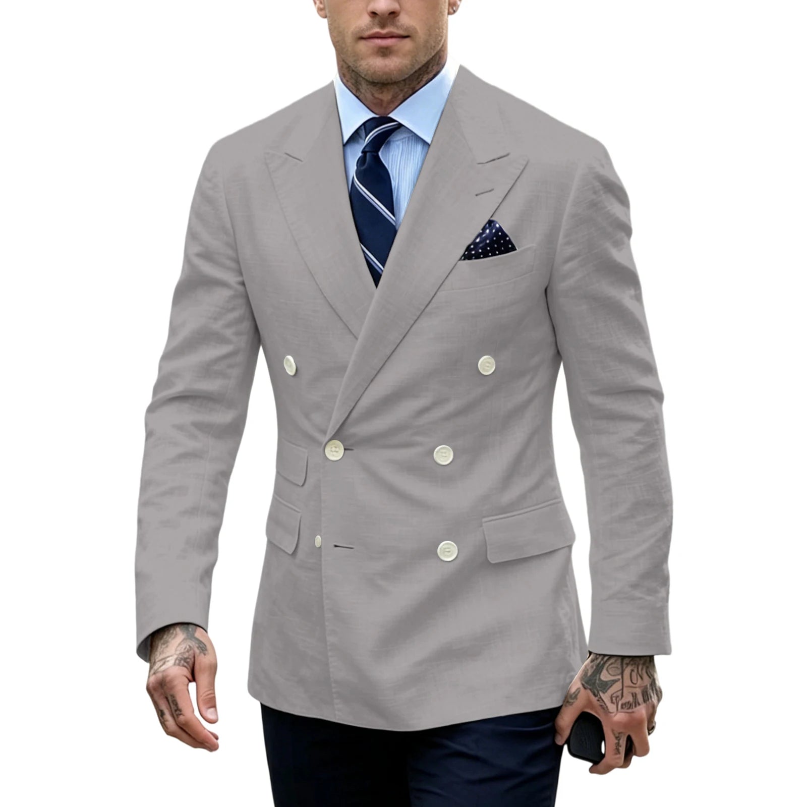 Linen Double-Breasted Slim Tuxedo Blazer