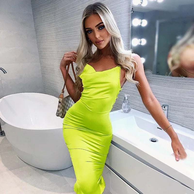 Satin Lace-Up Bodycon Midi Dress