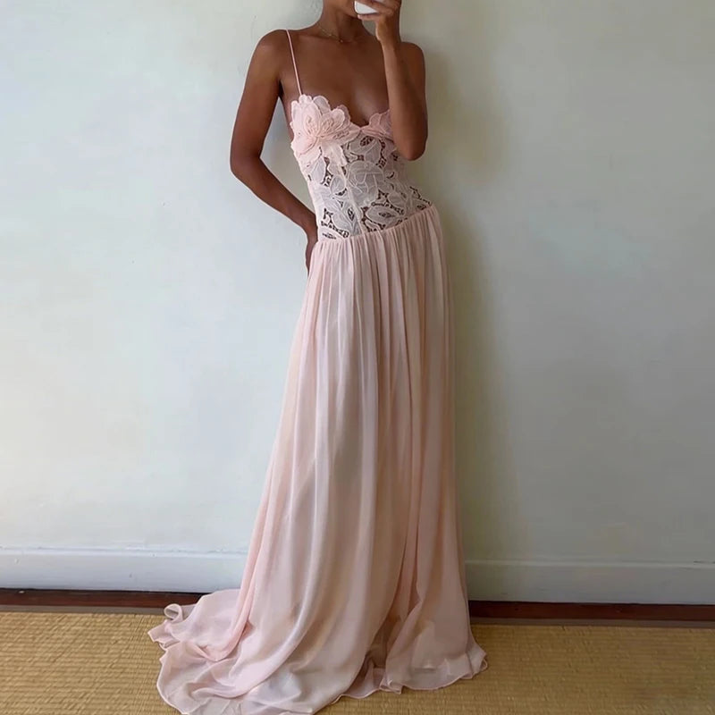 Hollow-Out Lace Patchwork Maxi Dress