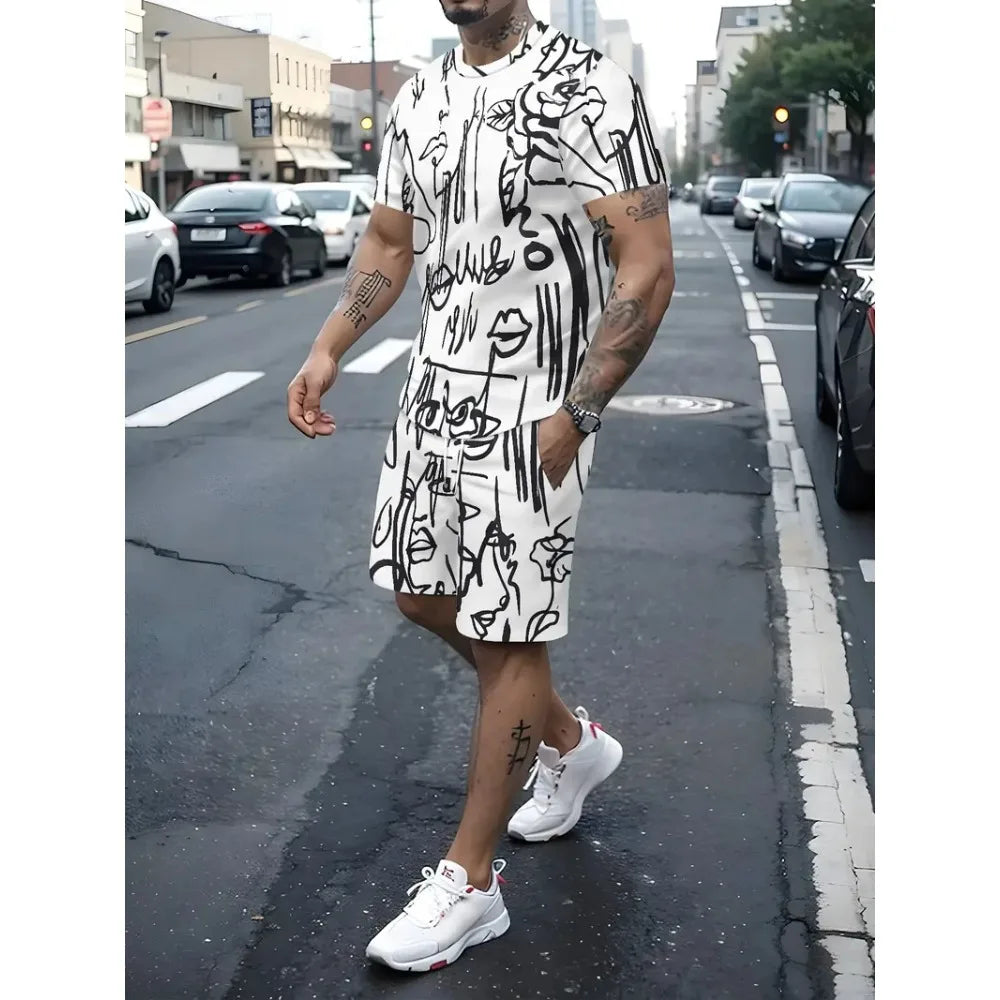 Letter Print Elastic Waist Shorts Set