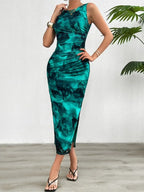 Printed Round-Neck Split-Hem Dress
