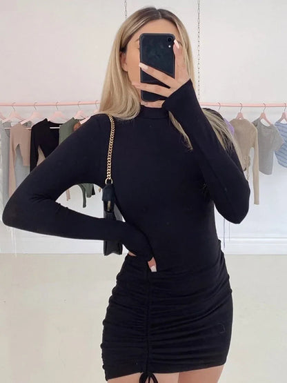 Long Sleeve Ruched Turtleneck Bodycon Mini Dress