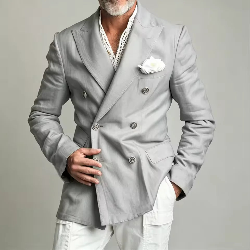 Linen Peak-Lapel Double-Breasted Blazer