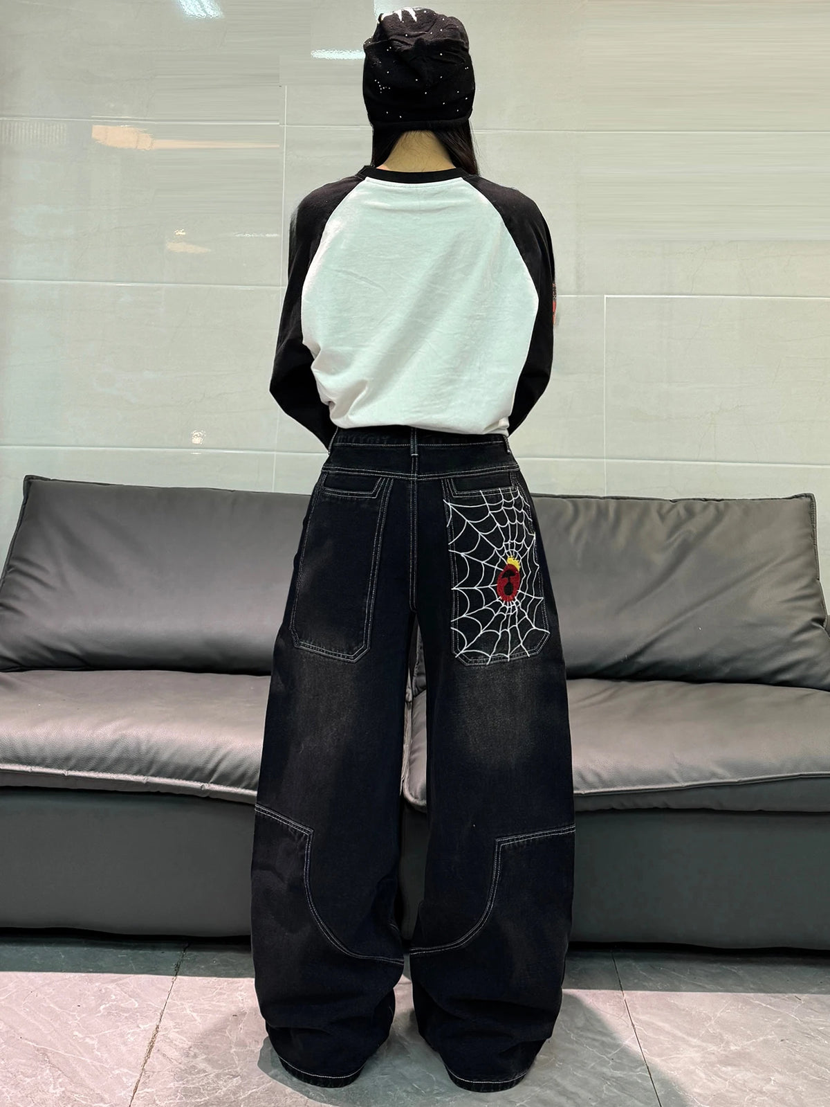 Spider-Web Embroidery Wide-Leg Jeans