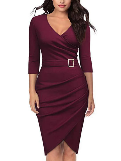 V-Neck Pleated Bodycon Dress