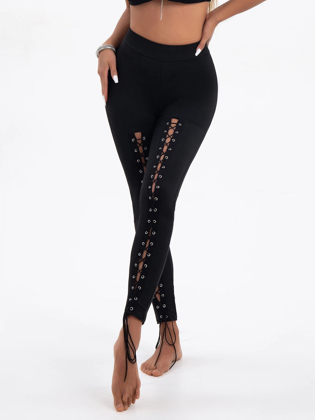 Hollow-Out Lace-Up Slim Shorts