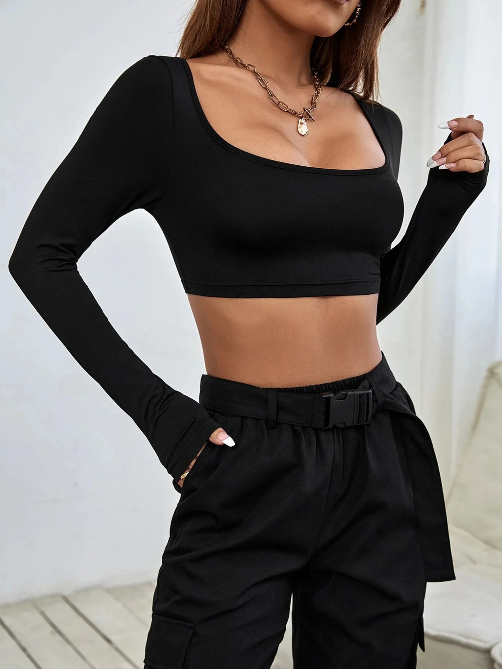 Square Neck Long Sleeve Crop Top