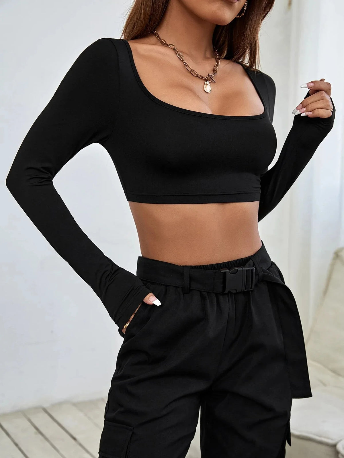 Square Neck Long Sleeve Crop Top