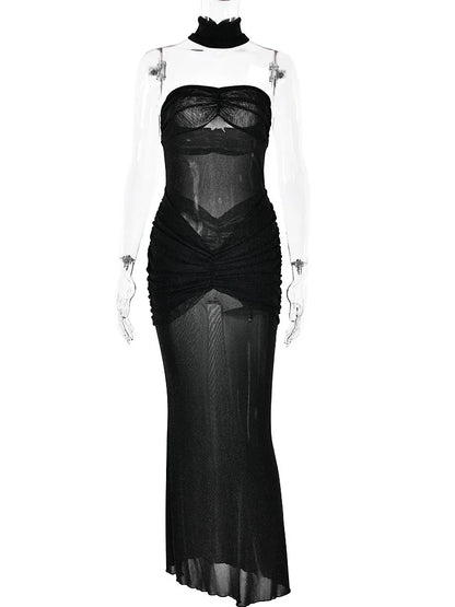 Strapless Mesh Backless Maxi Dress