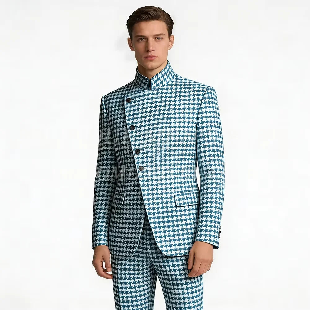 Houndstooth Mandarin-Collar Slim Suit