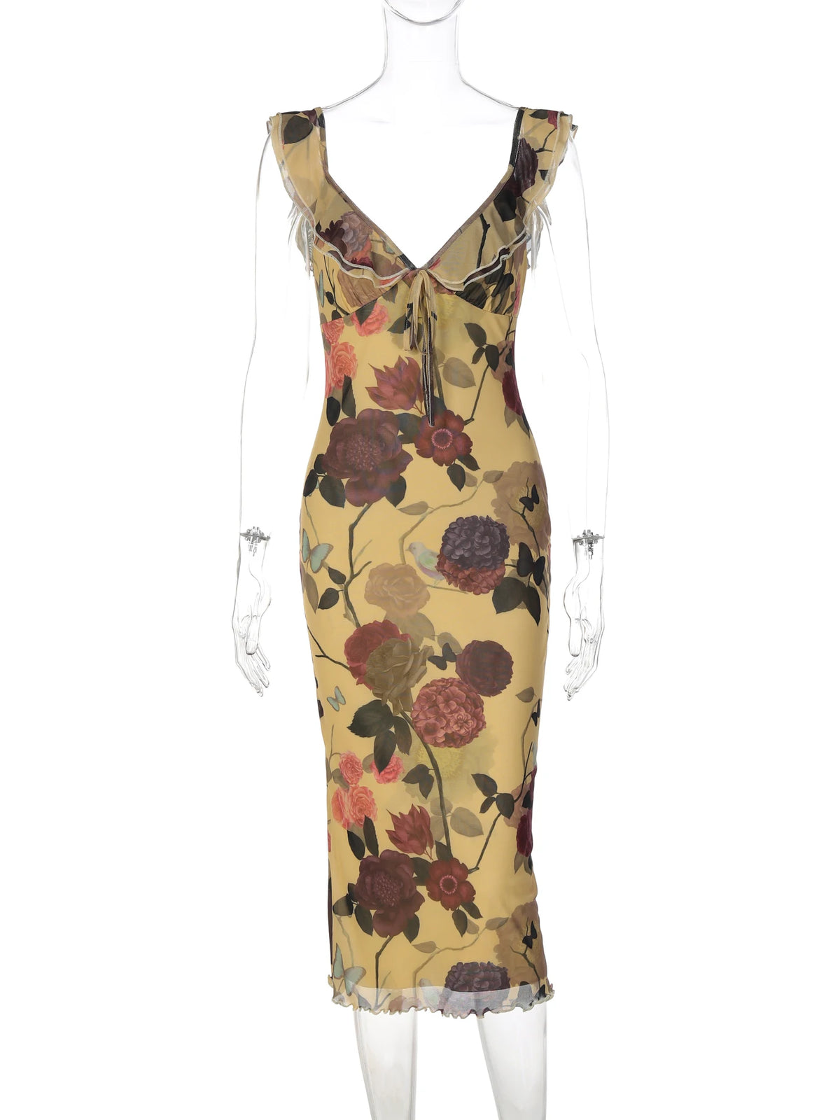 Floral Mesh Lace-Up Dress