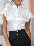 Satin Solid Button Front Regular Fit Blouse