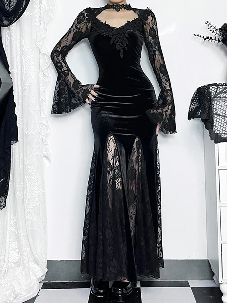Gothic Lace Patchwork Midi Dress