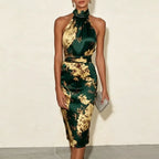 Floral Satin Halter Bodycon Dress