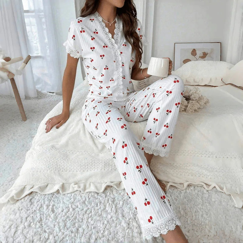 Casual V-Neck Print Pajama Set