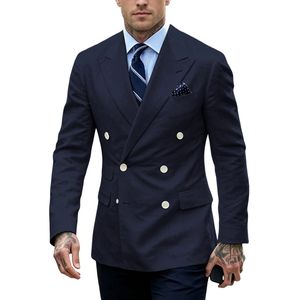 Linen Double-Breasted Slim Tuxedo Blazer