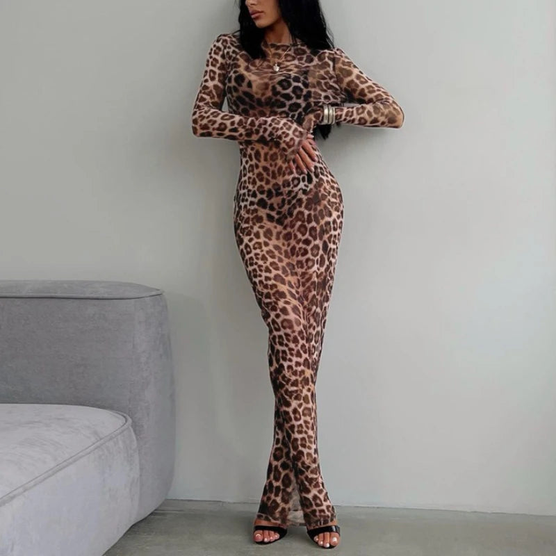 Sheer Leopard Print Long-Sleeve Dress