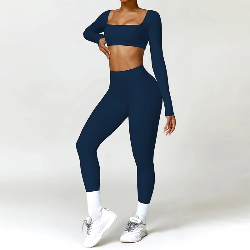 Nylon Solid Long Sleeve Two-Piece Yoga Set