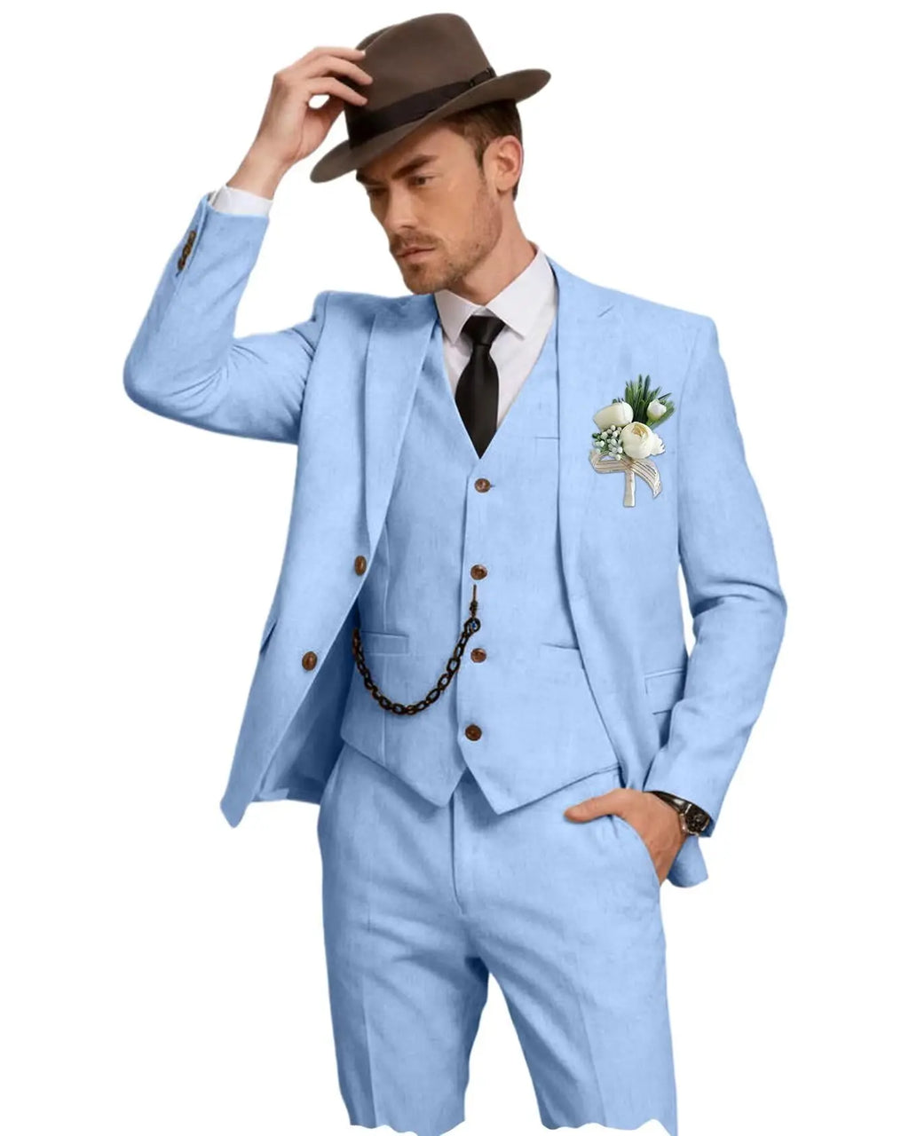 Three-Piece Linen Notch-Lapel Suit